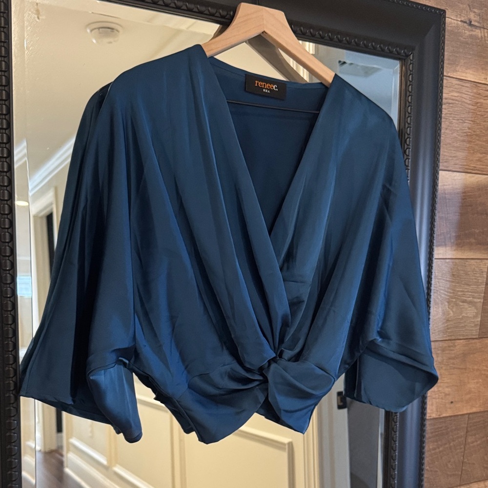 Renee C. Elegant Navy Wrap Blouse